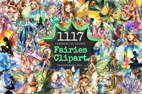 Fairies Watercolor Clipart Bundle - 1113+ transparent PNG, Whimsical fairytale graphics, Magical pixie art, Commercial use, Digital download
