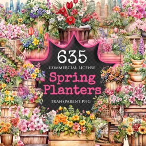 Spring Planters Watercolor Clipart Bundle - 630+ transparent PNG, Spring planter images, Vibrant floral art, Commercial use,Digital download