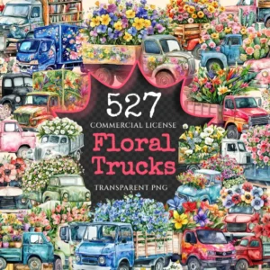 Floral Trucks Watercolor Clipart Bundle - 523+ transparent PNG, Blossom truck graphics, Floral vehicle png, Commercial use, Digital download