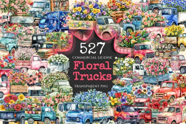 Floral Trucks Watercolor Clipart Bundle - 523+ transparent PNG, Blossom truck graphics, Floral vehicle png, Commercial use, Digital download