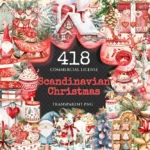 Scandinavian Christmas Watercolor Clipart Bundle - 415+ transparent PNG, Nordic festive art, holiday images, Commercial use,Digital download