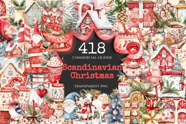 Scandinavian Christmas Watercolor Clipart Bundle - 415+ transparent PNG, Nordic festive art, holiday images, Commercial use,Digital download