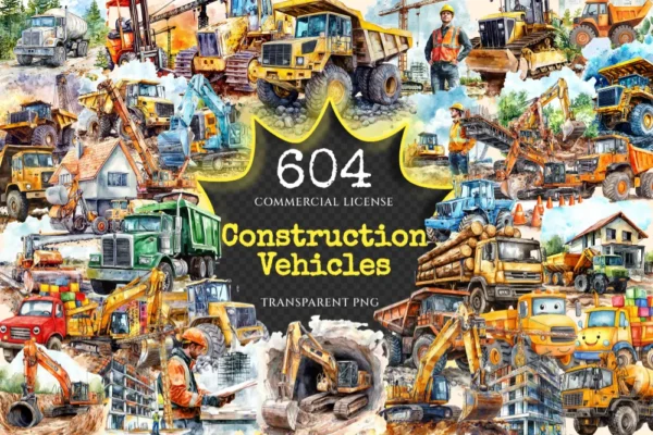 Construction Vehicles Watercolor Clipart Bundle - 600+ transparent PNG, Construction images, Machinery png, Commercial use, Digital download