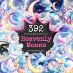 Heavenly Moons Watercolor Clipart Bundle - 389+ transparent PNG, Mystical night graphics, Ethereal moon art, Commercial use,Digital download