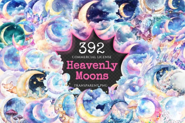 Heavenly Moons Watercolor Clipart Bundle - 389+ transparent PNG, Mystical night graphics, Ethereal moon art, Commercial use,Digital download