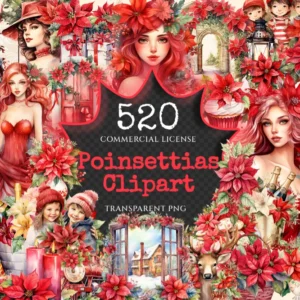 Poinsettias Watercolor Clipart Bundle - 515+ transparent PNG, Festive floral graphics, Poinsettia images, Commercial use, Digital download