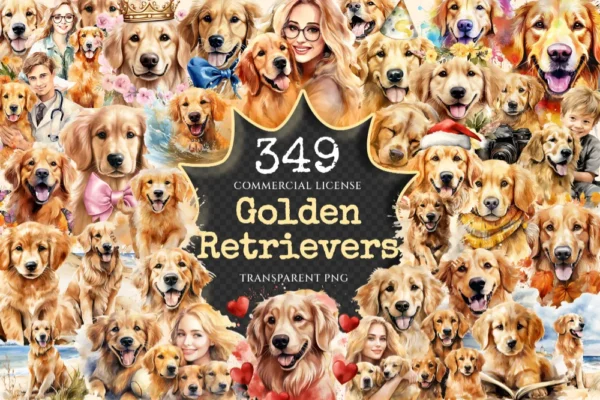 Golden Retrievers Watercolor Clipart Bundle - 345+ transparent PNG, Playful dog graphics, Golden pup art, Commercial use, Digital download