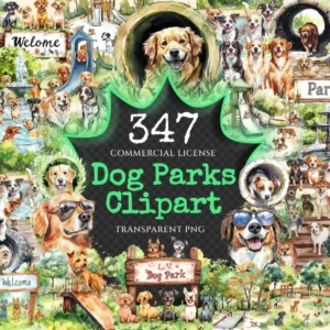 Dog Parks Watercolor Clipart Bundle - 344+ transparent PNG, Pet park illustration, Fun outdoor graphics, Commercial use, Digital download
