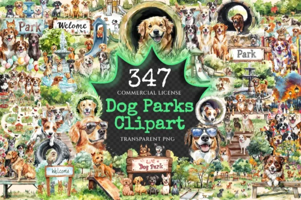 Dog Parks Watercolor Clipart Bundle - 344+ transparent PNG, Pet park illustration, Fun outdoor graphics, Commercial use, Digital download