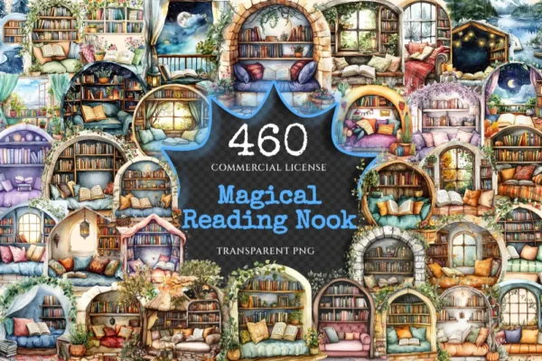 Magical Reading Nook Watercolor Clipart Bundle - 457+ transparent PNG, Cozy book images, Enchanted nook png, Commercial use,Digital download