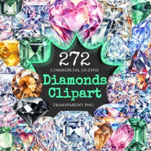 Diamonds Watercolor Clipart Bundle - 270+ transparent PNG, Elegant gem graphics, Sparkling jewel images, Commercial use, Digital download