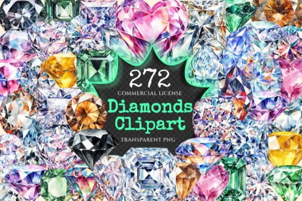 Diamonds Watercolor Clipart Bundle - 270+ transparent PNG, Elegant gem graphics, Sparkling jewel images, Commercial use, Digital download