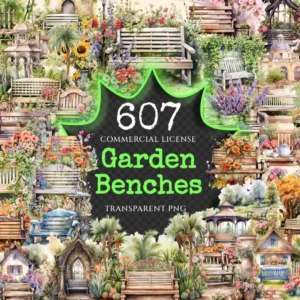 Garden Benches Watercolor Clipart Bundle - 603+ transparent PNG, lovely garden graphics, Rustic outdoor png, Commercial use,Digital download