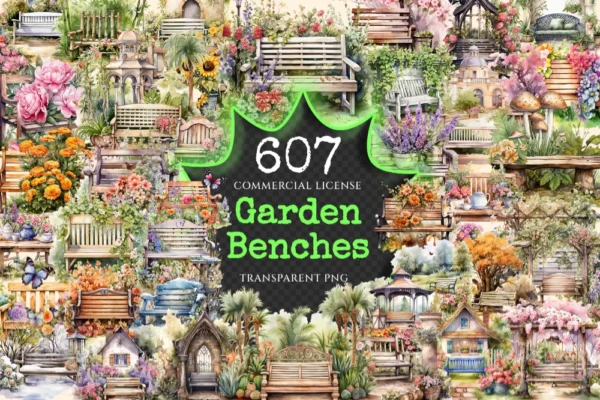 Garden Benches Watercolor Clipart Bundle - 603+ transparent PNG, lovely garden graphics, Rustic outdoor png, Commercial use,Digital download