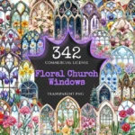 Floral Church Windows Watercolor Clipart Bundle - 340+ transparent PNG, Sacred graphics, Floral glass art, Commercial use, Digital download