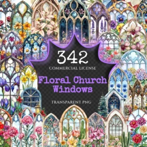Floral Church Windows Watercolor Clipart Bundle - 340+ transparent PNG, Sacred graphics, Floral glass art, Commercial use, Digital download