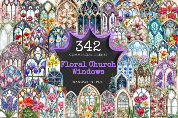 Floral Church Windows Watercolor Clipart Bundle - 340+ transparent PNG, Sacred graphics, Floral glass art, Commercial use, Digital download