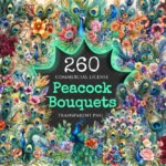 Peacock Bouquets Watercolor Clipart Bundle - 255+ transparent PNG, Elegant floral graphics, Vibrant images, Commercial use, Digital download