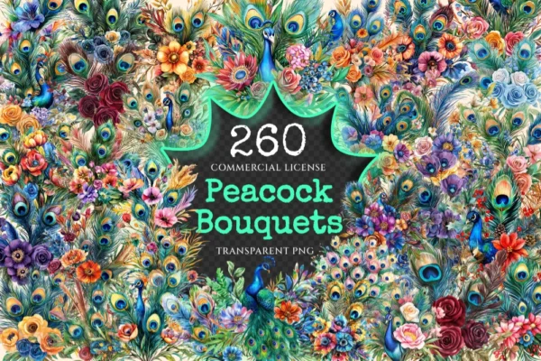 Peacock Bouquets Watercolor Clipart Bundle - 255+ transparent PNG, Elegant floral graphics, Vibrant images, Commercial use, Digital download