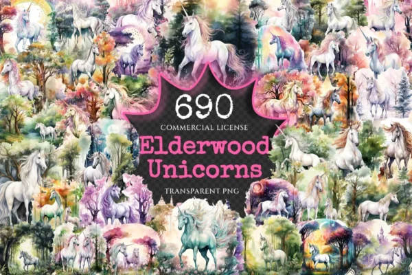 Elderwood Unicorns Watercolor Clipart Bundle - 685+ transparent PNG, Unicorn forest images, Fairytale art, Commercial use, Digital download
