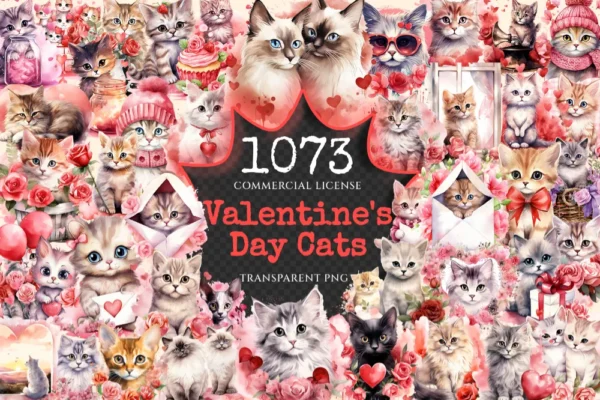 Valentine's Day Cats Watercolor Clipart Bundle - 1070+ transparent PNG, Romantic cat png,Loveable kitten art,Commercial use,Digital download