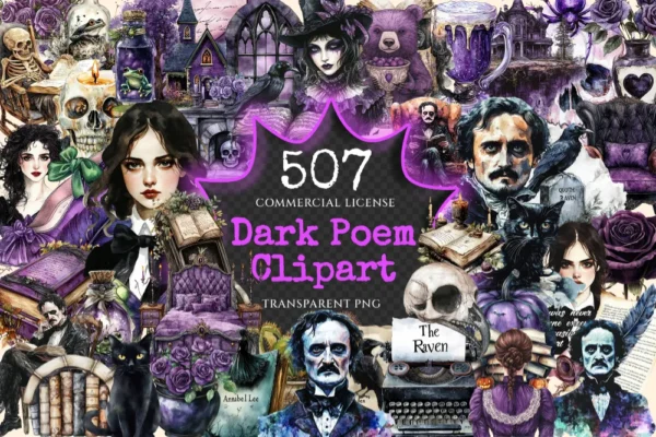 Dark Poem Watercolor Clipart Bundle - 500+ transparent PNG, Edgar allan poe graphics, Dark victorian png, Commercial use, Digital download