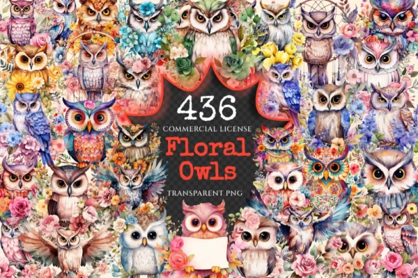 Floral Owls Watercolor Clipart Bundle - 433+ transparent PNG, Floral bird illustrations, Boho owl images, Commercial use, Digital download