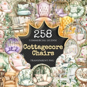 Cottagecore Chairs Watercolor Clipart Bundle - 255+ transparent PNG, Cozy cottage graphics, Rustic chair art,Commercial use,Digital download