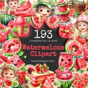 Watermelon Watercolor Clipart Bundle - 190+ transparent PNG, Refreshing treat illustrations, Summer images, Commercial use, Digital download
