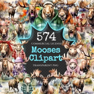 Mooses Watercolor Clipart Bundle - 570+ transparent PNG, Majestic wildlife nature illustrations, Moose art, Commercial use, Digital download