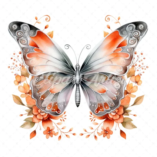 20 High-Quality Orange Silver Butterfly Clipart - Butterfly digital watercolor JPG instant download for commercial use - Digital download