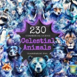 Celestial Animals Watercolor Clipart Bundle - 225+ transparent PNG, Cosmic animal graphics, Galactic art, Commercial use, Digital download