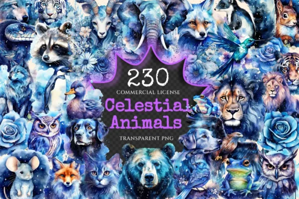 Celestial Animals Watercolor Clipart Bundle - 225+ transparent PNG, Cosmic animal graphics, Galactic art, Commercial use, Digital download