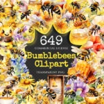 Bumblebees Watercolor Clipart Bundle - 645+ transparent PNG, Honey insect illustrations, Buzzing bee png, Commercial use, Digital download