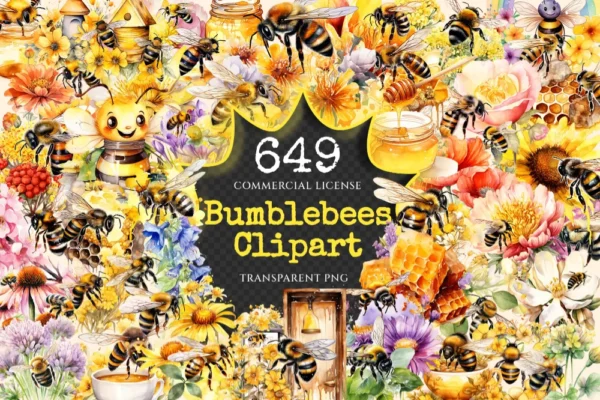 Bumblebees Watercolor Clipart Bundle - 645+ transparent PNG, Honey insect illustrations, Buzzing bee png, Commercial use, Digital download