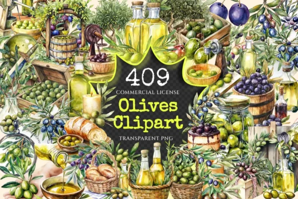 Olives Watercolor Clipart Bundle - 405+ transparent PNG, Mediterranean charm illustrations, Olive images, Commercial use, Digital download