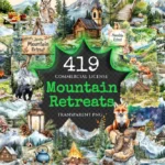 Mountain Retreats Watercolor Clipart Bundle - 415+ transparent PNG, Tranquil nature scenes, Rustic cabin png,Commercial use,Digital download