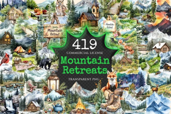Mountain Retreats Watercolor Clipart Bundle - 415+ transparent PNG, Tranquil nature scenes, Rustic cabin png,Commercial use,Digital download