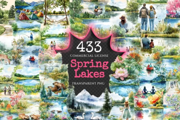 Spring Lakes Watercolor Clipart Bundle - 430+ transparent PNG, Peaceful lake graphics, Soothing scenic png, Commercial use, Digital download