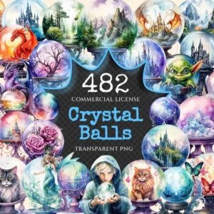 Crystal Balls Watercolor Clipart Bundle - 480+ transparent PNG, Enchanted orbs graphics, Mystic crystal art, Commercial use,Digital download