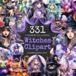 Witches Watercolor Clipart Bundle - 328+ transparent PNG, Mystical fantasy graphics, Enchanted witch art, Commercial use, Digital download