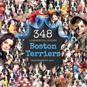 Boston Terriers Watercolor Clipart Bundle - 345+ transparent PNG, Boston puppy illustrations, Cute dog png, Commercial use, Digital download