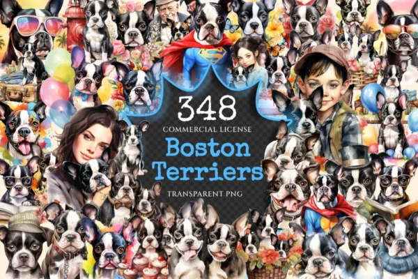 Boston Terriers Watercolor Clipart Bundle - 345+ transparent PNG, Boston puppy illustrations, Cute dog png, Commercial use, Digital download