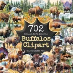Buffalos Watercolor Clipart Bundle - 700+ transparent PNG, Western bison illustrations, Wild buffalo png, Commercial use, Digital download