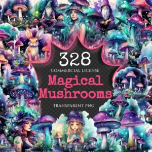Magical Mushrooms Watercolor Clipart Bundle - 325+ transparent PNG, Luminous mushroom graphics, Fungi png, Commercial use, Digital download