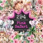 Pink Safari Watercolor Clipart Bundle - 290+ transparent PNG, Delicate nature graphics, Pink wildlife art, Commercial use, Digital download