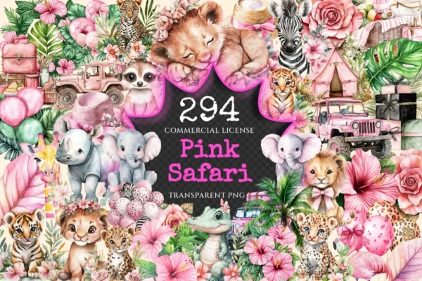 Pink Safari Watercolor Clipart Bundle - 290+ transparent PNG, Delicate nature graphics, Pink wildlife art, Commercial use, Digital download