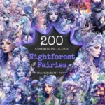 Nightforest Fairies Watercolor Clipart Bundle - 197+ transparent PNG, Magical illustrations, Fantasy images, Commercial use,Digital download