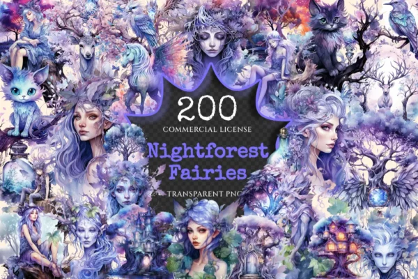 Nightforest Fairies Watercolor Clipart Bundle - 197+ transparent PNG, Magical illustrations, Fantasy images, Commercial use,Digital download