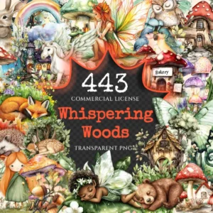 Whispering Woods Watercolor Clipart Bundle - 440+ transparent PNG, Mystical forest graphics, Enchanted art, Commercial use, Digital download